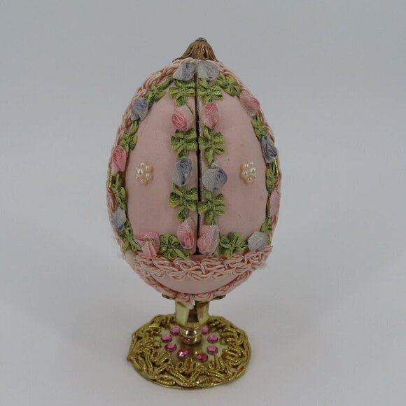 Vintage Handmade Embellished Real Egg Pink Painted Faux Flowers Pedestal Stand - Picture 7 of 16